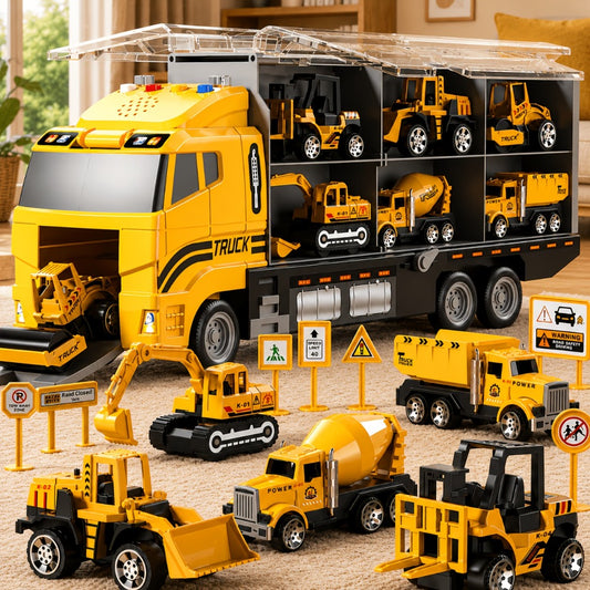 13-in-1 Construction Truck Vehicle Toy Set with Die-Cast Cars & Play Mat – Transport Carrier Truck Playset for Toddlers Kids Ages 3+, STEM Learning, Christmas & Birthday Gift