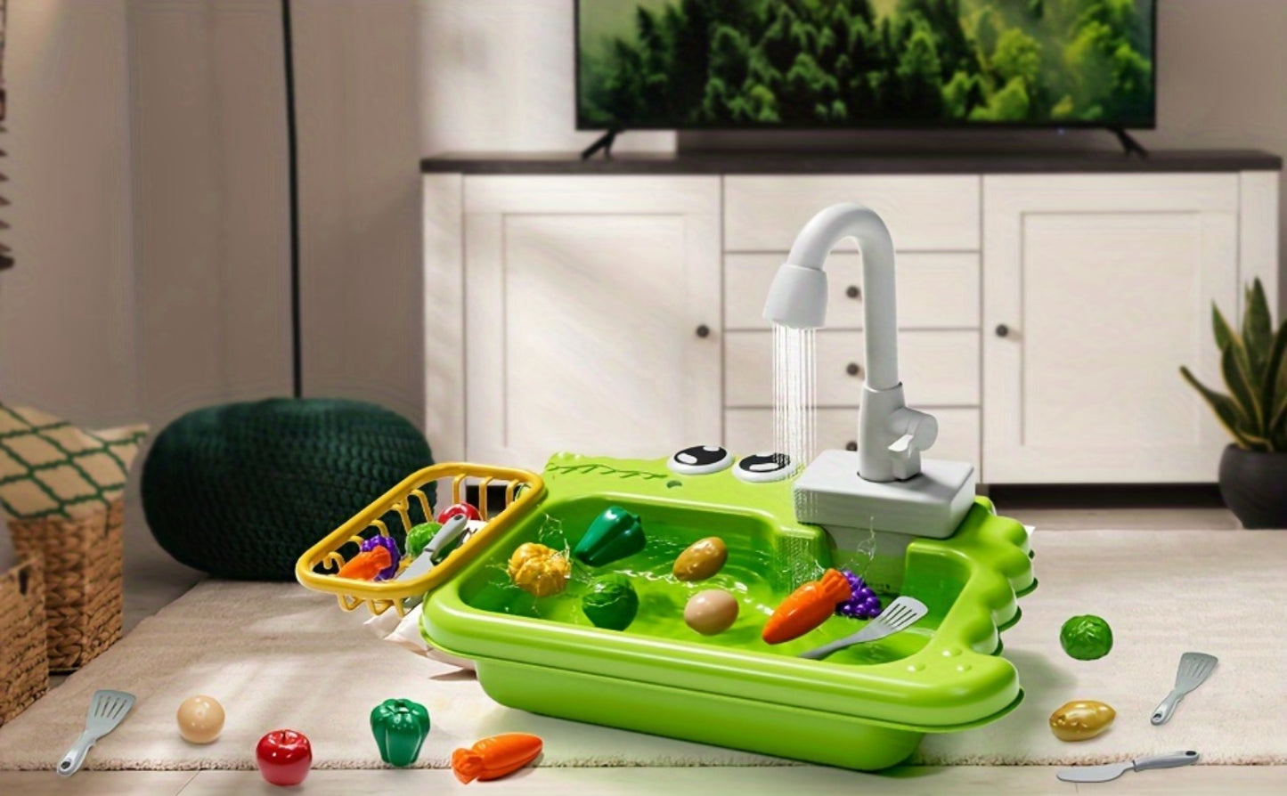 Kids Play Sink Toy with Running Water – Automatic Water Cycle System Pretend Play Dishwasher Kitchen Sink for Toddlers Boys & Girls, Role Play Kitchen Accessory Birthday Gift