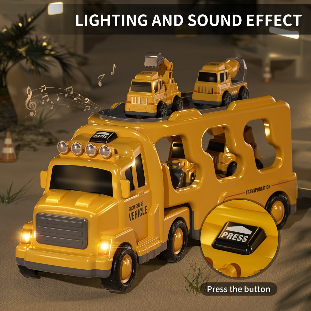 Construction Carrier Truck Toy Set for Kids 3-7, Large Transport Truck with 4 Mini Engineering Vehicles Excavator Mixer Crane Bulldozer, Friction Powered Yellow Toy for Boys Girls Birthday Gift