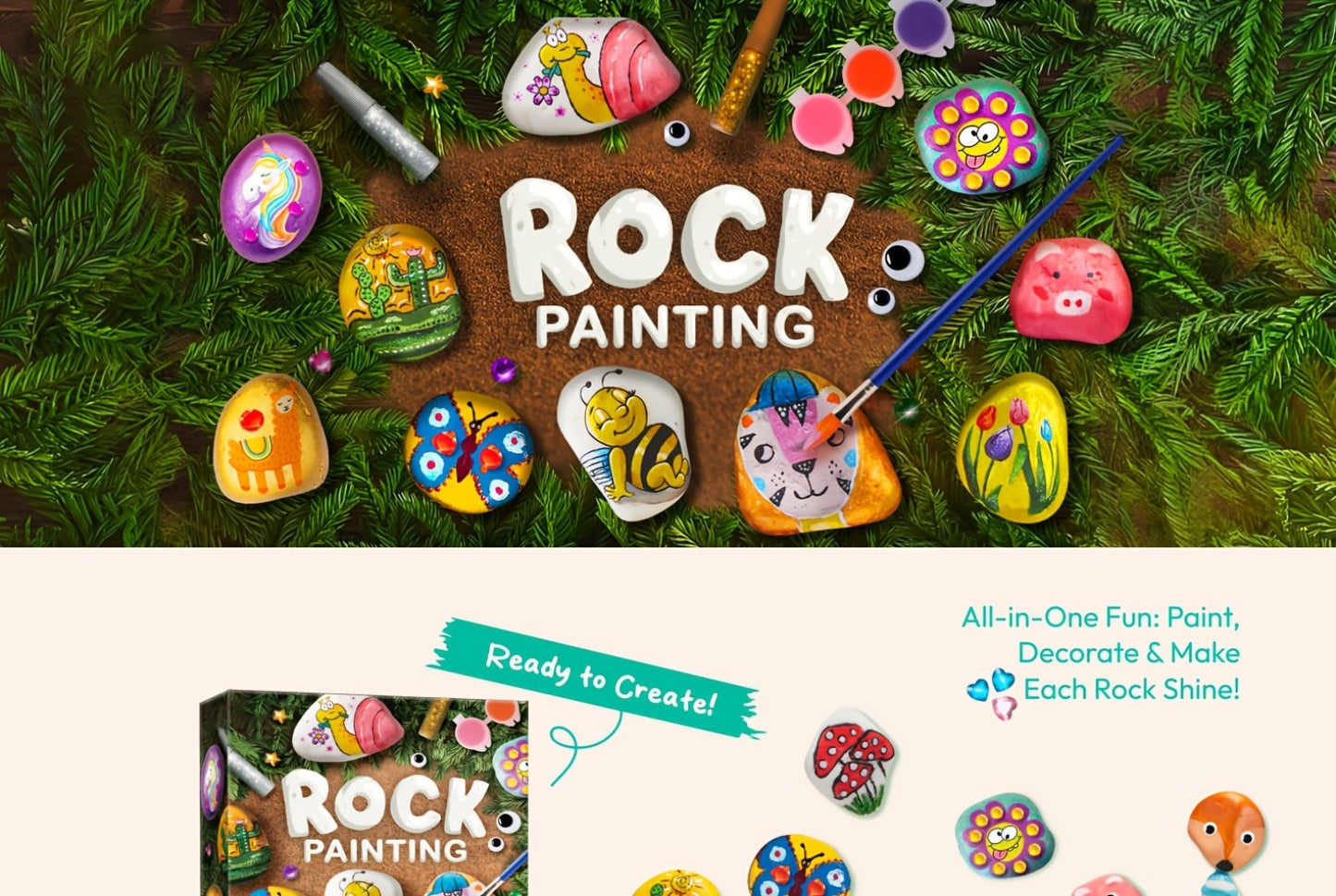 Rock Painting Kit for Kids 10 Stones 16 Paints 6 Metallic Colors Arts and Crafts Set for Girls Boys Ages 6+ DIY Stone Art with Gems Glitter Glue Stickers Brushes Birthday Christmas Gift