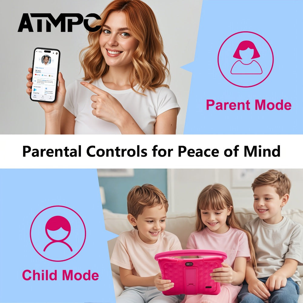 ATMPC, Local Warehouse, 7 Inch Kids Tablet, 4GB RAM 32GB ROM Android 14, Wifi, Learning Tablet, Safety Eye Protection Screen & Parental Control APP, Drop Proof Silicone Case, Learning Device, HD Touchscreen, Cool Cheap Toys, Christmas Gifts