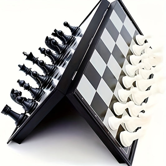 Magnetic Chess Set Folding Board 33 Pieces – 9.4 Inch Portable Travel Chess Game for Kids & Adults, Foldable Storage, Minimalist Design, Educational Strategy Game, Black & White or Wood Style