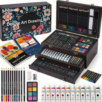 172 Piece Deluxe Art Set in Wooden Case with 2 Drawing Pads Crayons Acrylic Paints Colored Pencils Professional Art Kit Gift Box for Artists Beginners Ages 8+ Birthday Christmas