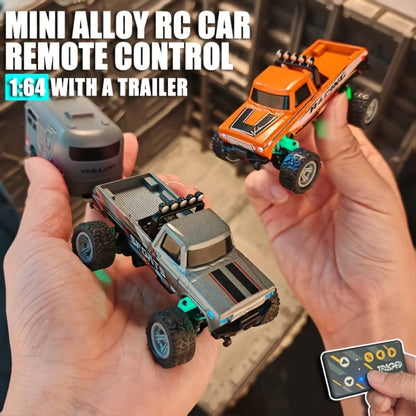 Mini RC Truck 1:64 Scale with Trailer – 2.4GHz Alloy Remote Control Monster Off-Road Pickup, Body Lights & Headlights, Rock Crawler Toy for Boys, Birthday Christmas Gift (Green/Gray/Blue)