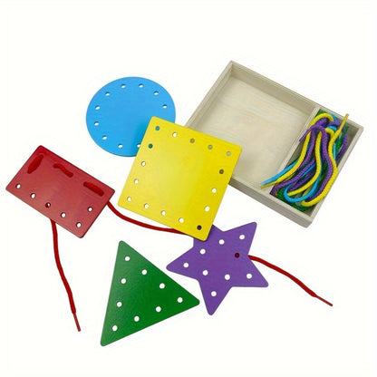 Montessori Wooden Lacing Cards for Toddlers – 5-Piece Double-Sided Threading Shapes in a Box, Fine Motor Skills Activity Toy for Preschool Kids, Travel Learning Toy & Educational Gift for Boys & Girls