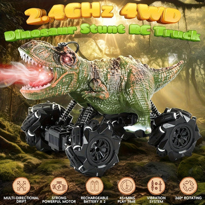 Spray Mist RC Monster Truck Dinosaur with Side-to-Side Drift LED Lights & Sound Effects – All-Terrain Stunt Remote Control Car for Kids Ages 6+ Birthday Easter Gift w/ or w/o Spray