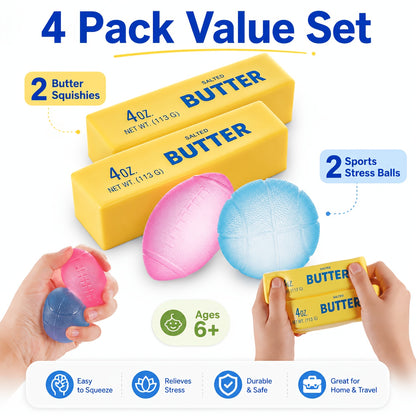 Squishy Stress Ball And Slow-Rising Butter Squishy Fidget Toys Set - 4-Pack Ultra-Soft Sensory Toys, Cute Pack for Kids And Adults, Desk Toy, Party Favors, And Gift Ideas