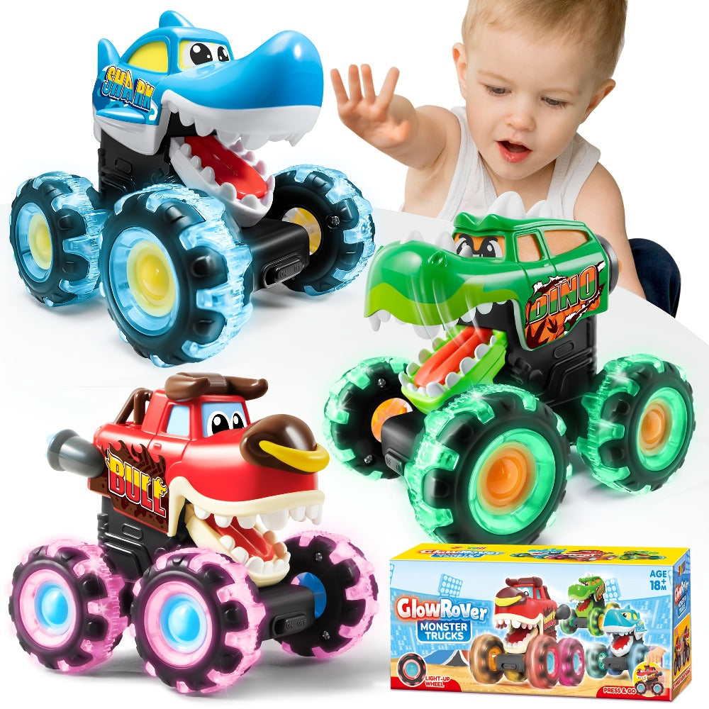 Monster Truck Toys for Toddlers 3-Pack LED Light Up Wheels Press and Go Animal Trucks Shark Bull Dinosaur, Glow in Dark Push Car Toy for Kids Ages 1-5, Birthday Easter Gift for Boys and Girls
