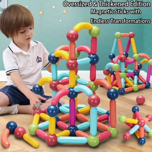 Magnetic Building Sticks Set 62 Pcs – 360° Rotating Oversized Magnetic Tiles Balls Educational 3D STEM Toy Kids Ages 3+ Build Castles Cars Shapes Birthday Christmas Gift