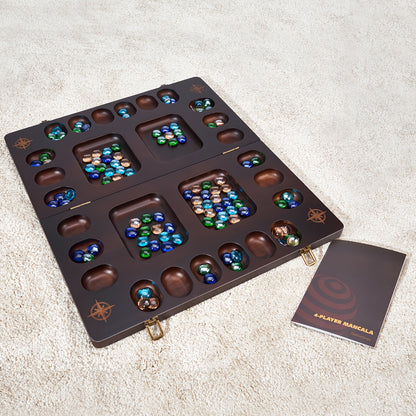 Mancala 4 Player Board Game Set, Luxury Solid Wood Folding Mancala Board, 96+12 Bonus Multi Color Glass Stone Beads Game Instructions Included, Ideal Halloween/Christmas Gift
