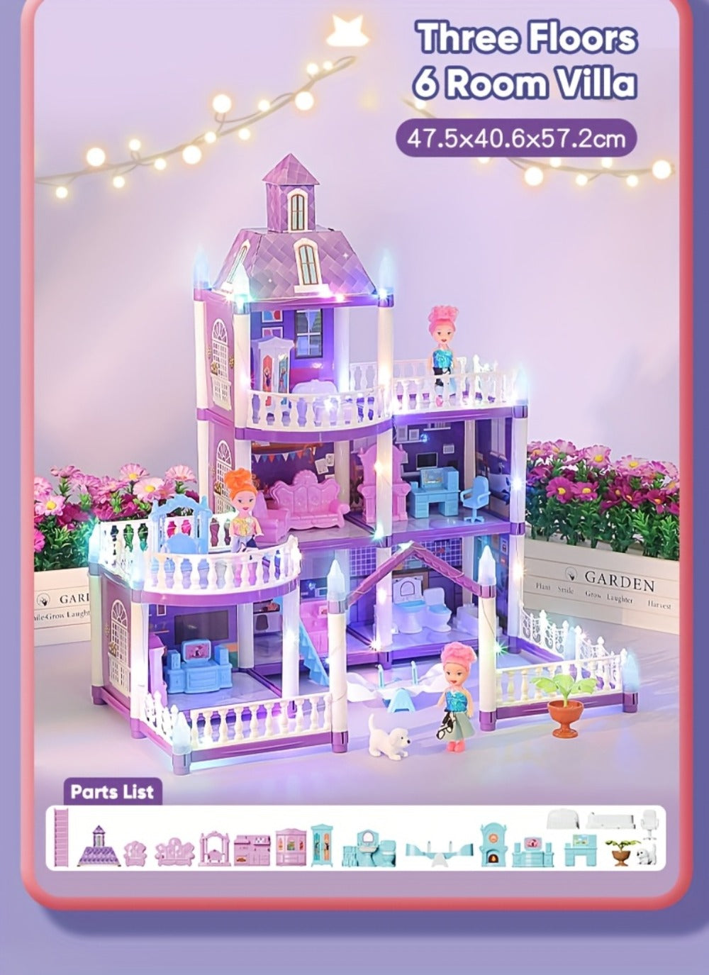 LED Dollhouse Playset for Girls – Purple Multi-Room Playhouse with Doll Figures, Puppies, Furniture & LED Lighting, 6 to 16 Room Options, Creative Imaginative Gift for Girls Ages 3-10 Birthday Christmas