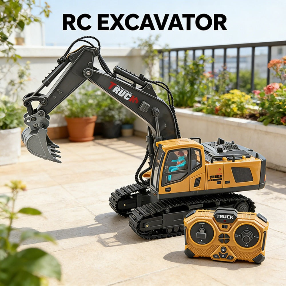 RC Excavator Toy Set for Kids – Remote Control Construction Vehicles with Metal Shovel, LED Lights & 1200mAh Battery, Boys Gift Ages 6+