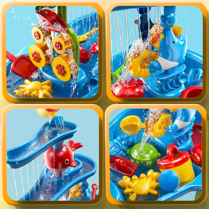 Sand Water Table for Kids 3-Tier Outdoor Sensory Play Table with Shovel Scoop & Strainer – Backyard Beach Summer Toy for Toddlers Boys Girls (Blue)