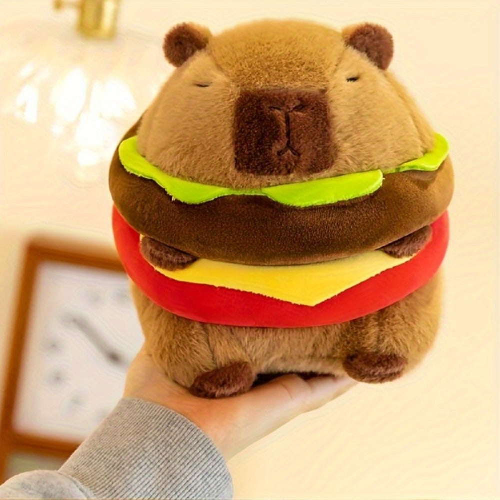 Capybara Plush Stuffed Animal Hamburger — Funny Cute Kawaii Capybara with Burger Hat Soft Plush Toy, Couch Pillow Doll, Unique Gift for Girls Kids Teens, Birthday Christmas Gift
