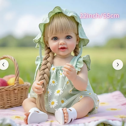 Bath Safe Reborn Baby Doll 22 Inch 55CM Full Vinyl Long Hair – Poseable Stand Sit Lay, Hand-Painted Lifelike Newborn Girl, Gift Set with Outfit Pacifier Bottle for Kids Ages 3+ & Collectors