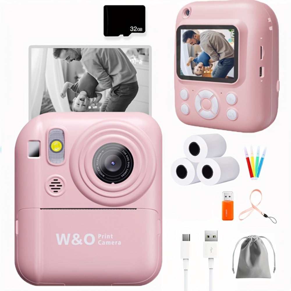 Instant Printer Camera for Kids - Camera Game MP3 3-in-1, Instant Print Photos In 1 Second, Puzzle Games, 10x Digital Zoom, 2.4'' HD Screen, Photography - 32G Card, Card Reader, USB Cable, Lanyard, Print Paper, Storage Bag - Perfect Halloween