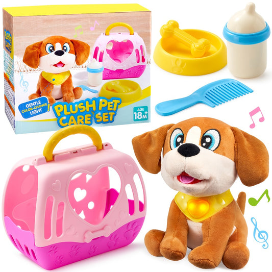 SYNCFUN Interactive Plush Dog Toy Suitable for Kids with Carrier & Accessories - Responsive Puppy with Music, Lights & Sounds, Soft Pet for Gifts, Birthday Presents for Girls 18 Months+