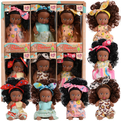 Mini Black Baby Doll Set 6 Pcs 4.5 Inch Curly Hair Rotatable Poseable – Flower Pajamas Gift Box, Cute Diverse Newborn Dolls for Kids, Birthday Christmas Holiday Gift for Girls Ages 3+ (Random Patterns)