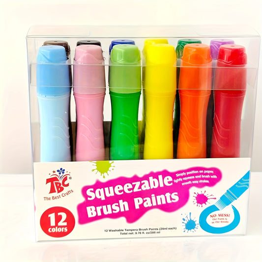 TBC The Best Crafts 12 Colors Squeezable Brush Paints for Beginners for Early Learning, Washable Tempera Paint Brushes, Assorted Baisic/ Neon/ Pastel Colors( 24ml/0.8oz Each), Easy to Paint