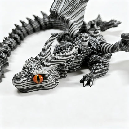 Articulated Cybernetic Dragon Statue – 3D Printed Black & White Swirl Fidget Figurine with Random Eye Color, Poseable Collectible Fantasy Art for Desktop Display, Cool Gift for Teens & Adults 14+