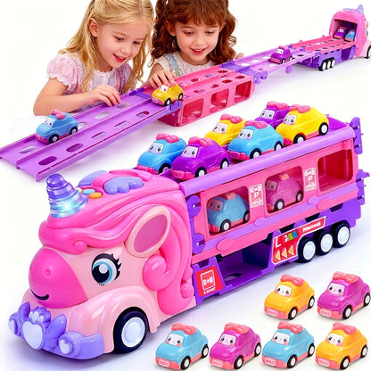 Pink Monster Toy Truck Track Set with 8 Princess Cars, Light Sound - Friction Power Car Toys with 2-Player Fold Out Track, Plastic Tracks for Girls & Boys 3+, Birthday/Holiday Gift Suitable