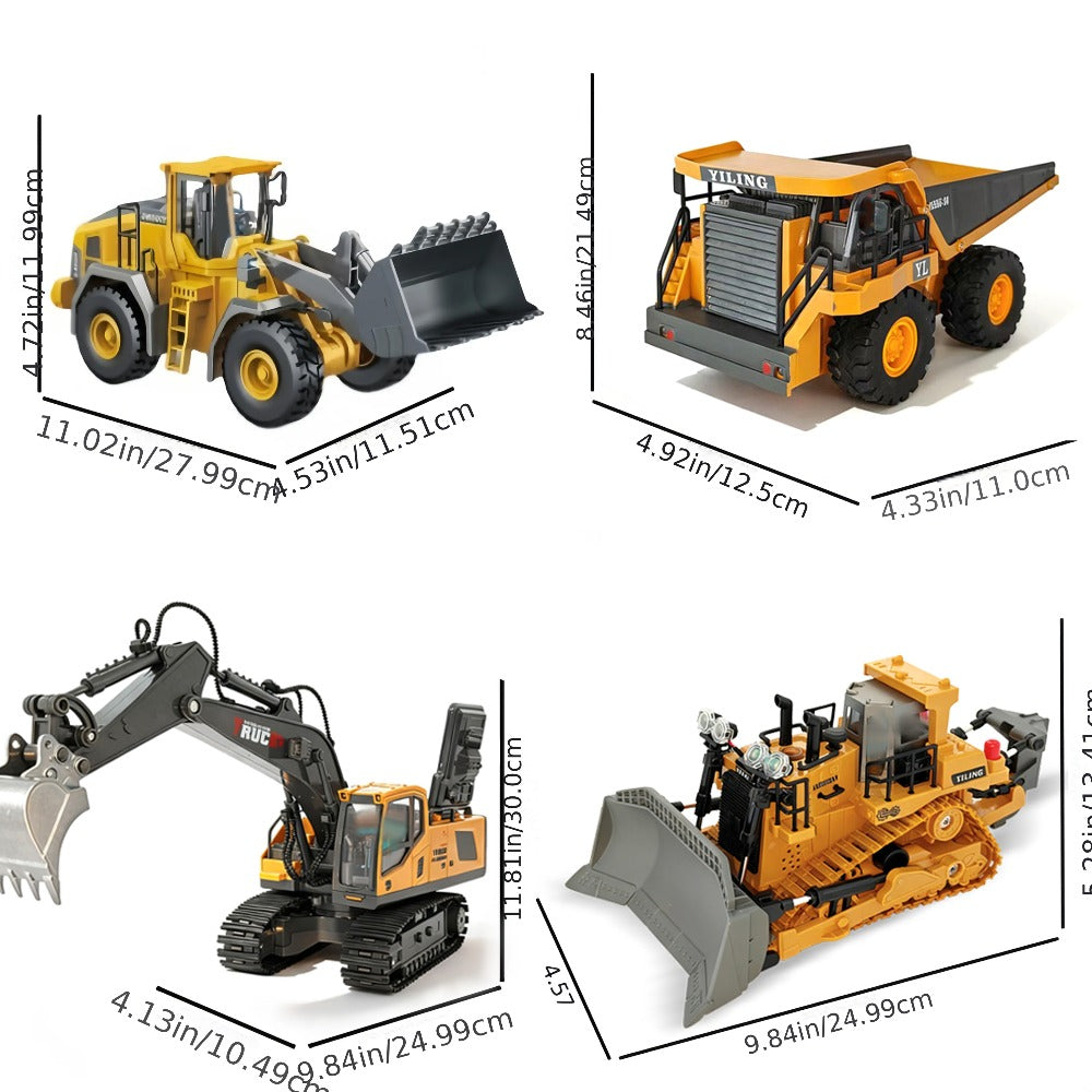 RC Construction Vehicle Toy 2.4GHz Remote Control Excavator Bulldozer Loader with Alloy Metal Cover Lights Sound Effects, Crawler Tractor Truck for Boys Ages 8 and Up, Birthday Gift