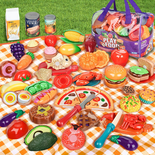 78pcs Set Of Kitchen Toys With Storage Bag, Dinnerware, Dummy Fruits, Vegetables, Plastic Accessories For Children Educational Learning Toy, Role Play Gift