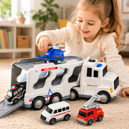 Ambulance Carrier Truck Toy 5-in-1 with Light and Sound for Kids 3-8, Friction Powered Rescue Vehicle Set with Fire Truck Police Car Helicopter Mini Cars, Birthday Christmas Gift for Boys Girls