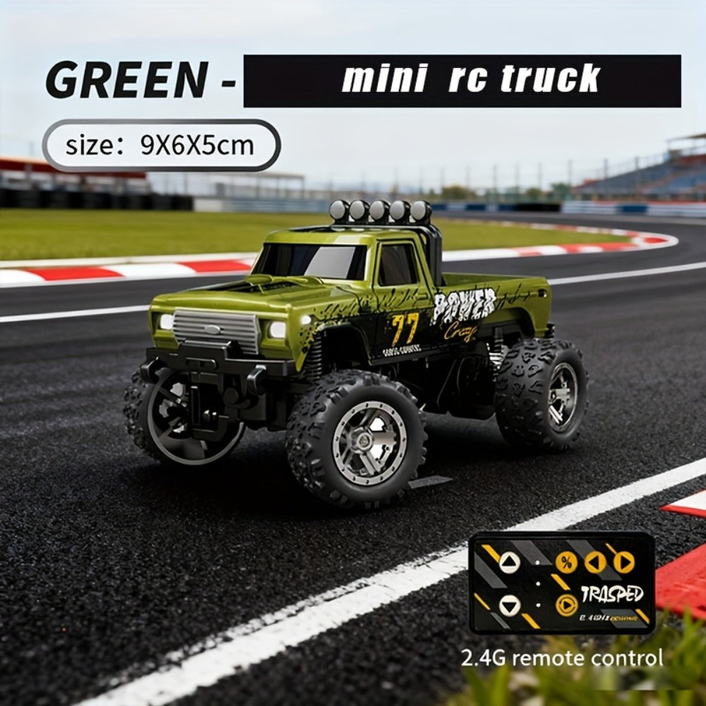 Mini RC Truck 1:64 Scale with Trailer – 2.4GHz Alloy Remote Control Monster Off-Road Pickup, Body Lights & Headlights, Rock Crawler Toy for Boys, Birthday Christmas Gift (Green/Gray/Blue)