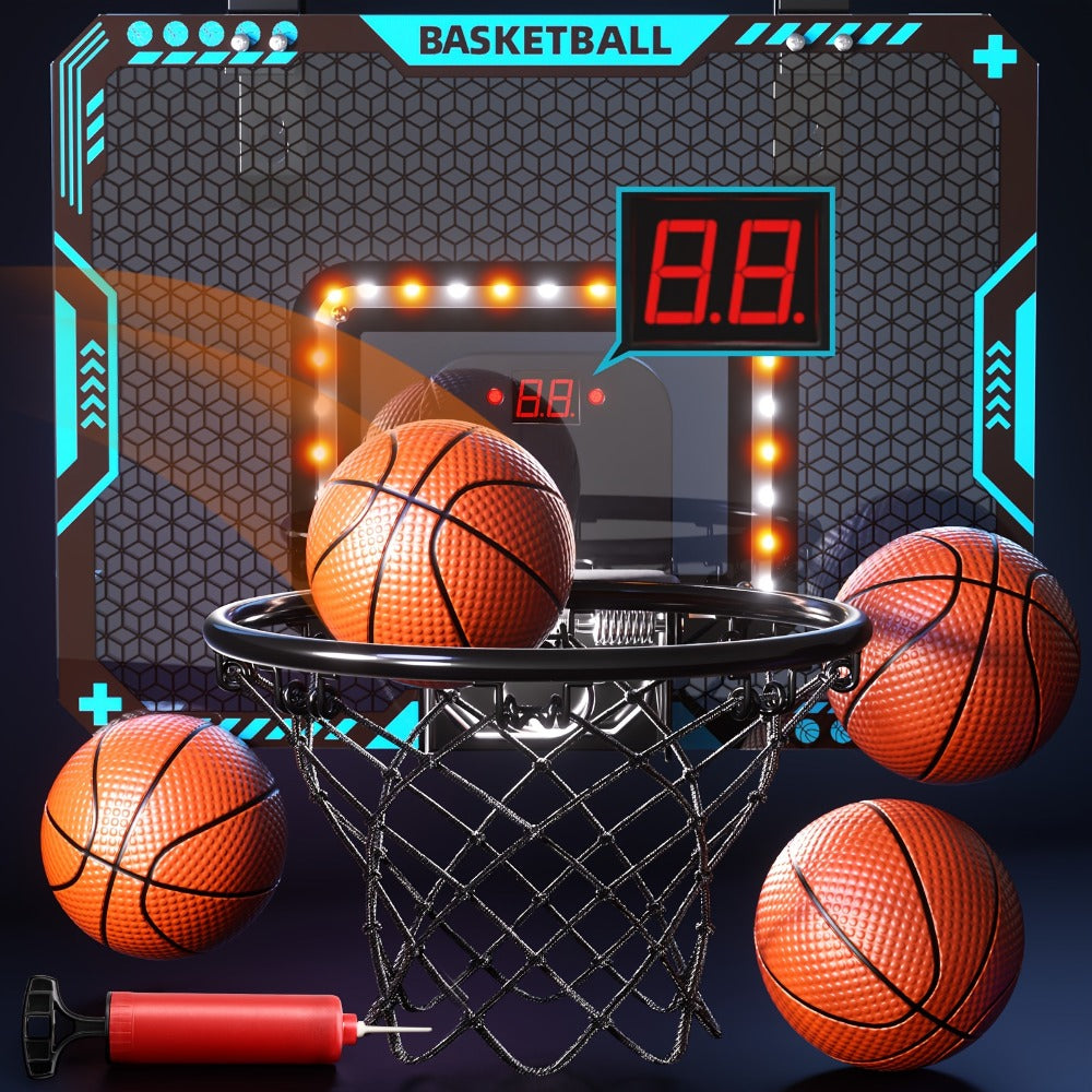 Door Basketball Hoop Set for Kids & Adults – Indoor Outdoor Mini Basketball Stand with LED Lights, Electronic Scoreboard & 4 Basketballs, Perfect Birthday & Christmas Gift for Boys and Girls