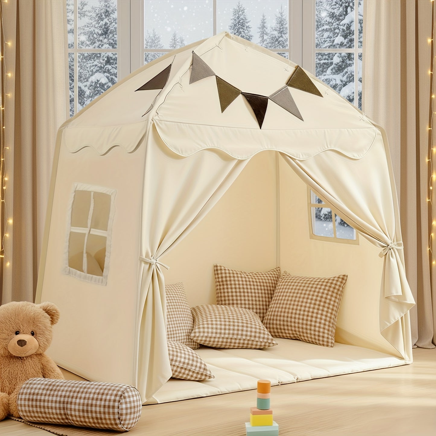 Kids Play Tent Extra Large – Portable Foldable Teepee Indoor Outdoor Dome Playhouse with Flags, Bed Canopy for Boys Girls, Available in Beige Pink Green Brown Cream, 51–59 Inch