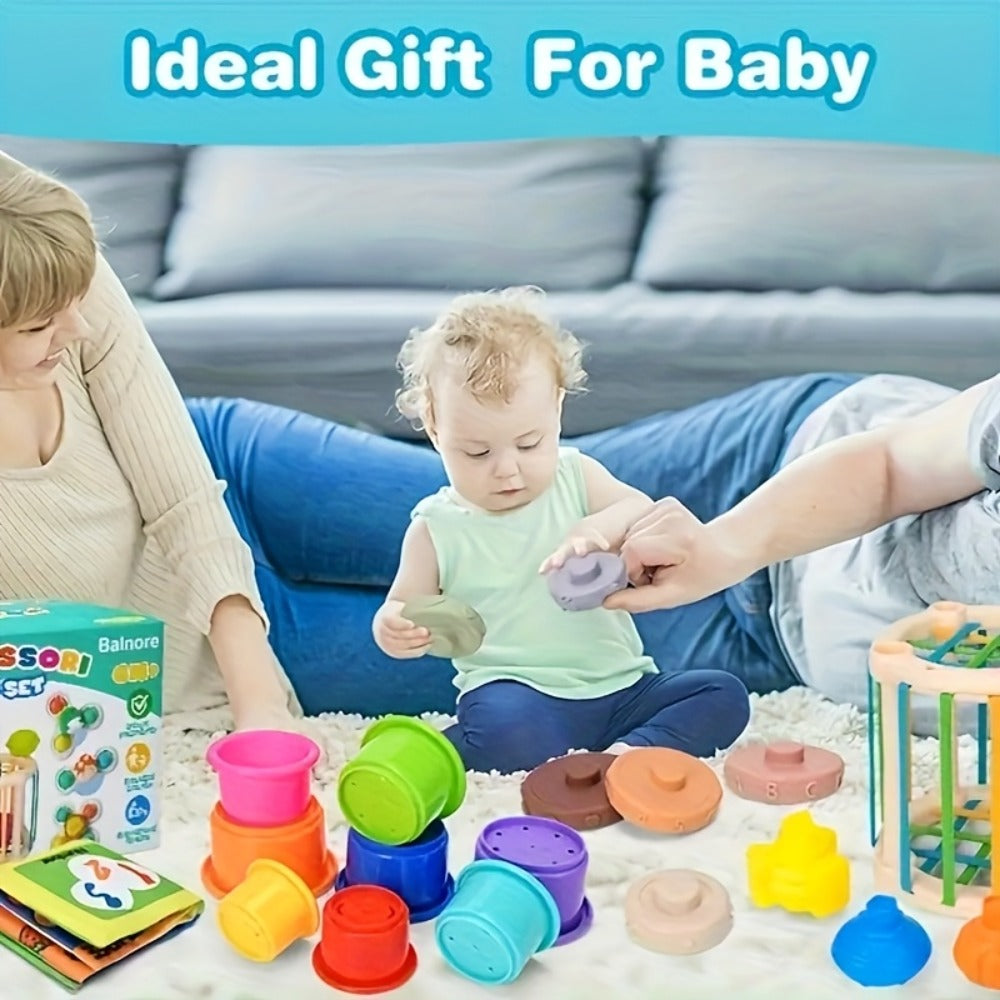 3-in-1 Sensory Stacking Toy Set for Toddlers – Hand-Eye Coordination & Fine Motor Skills Activity Kit with Soft Cloth Book, Spinning Top & Stacking Cups, Birthday Easter Gift for Baby Boys & Girls
