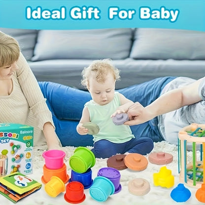 3-in-1 Sensory Stacking Toy Set for Toddlers – Hand-Eye Coordination & Fine Motor Skills Activity Kit with Soft Cloth Book, Spinning Top & Stacking Cups, Birthday Easter Gift for Baby Boys & Girls