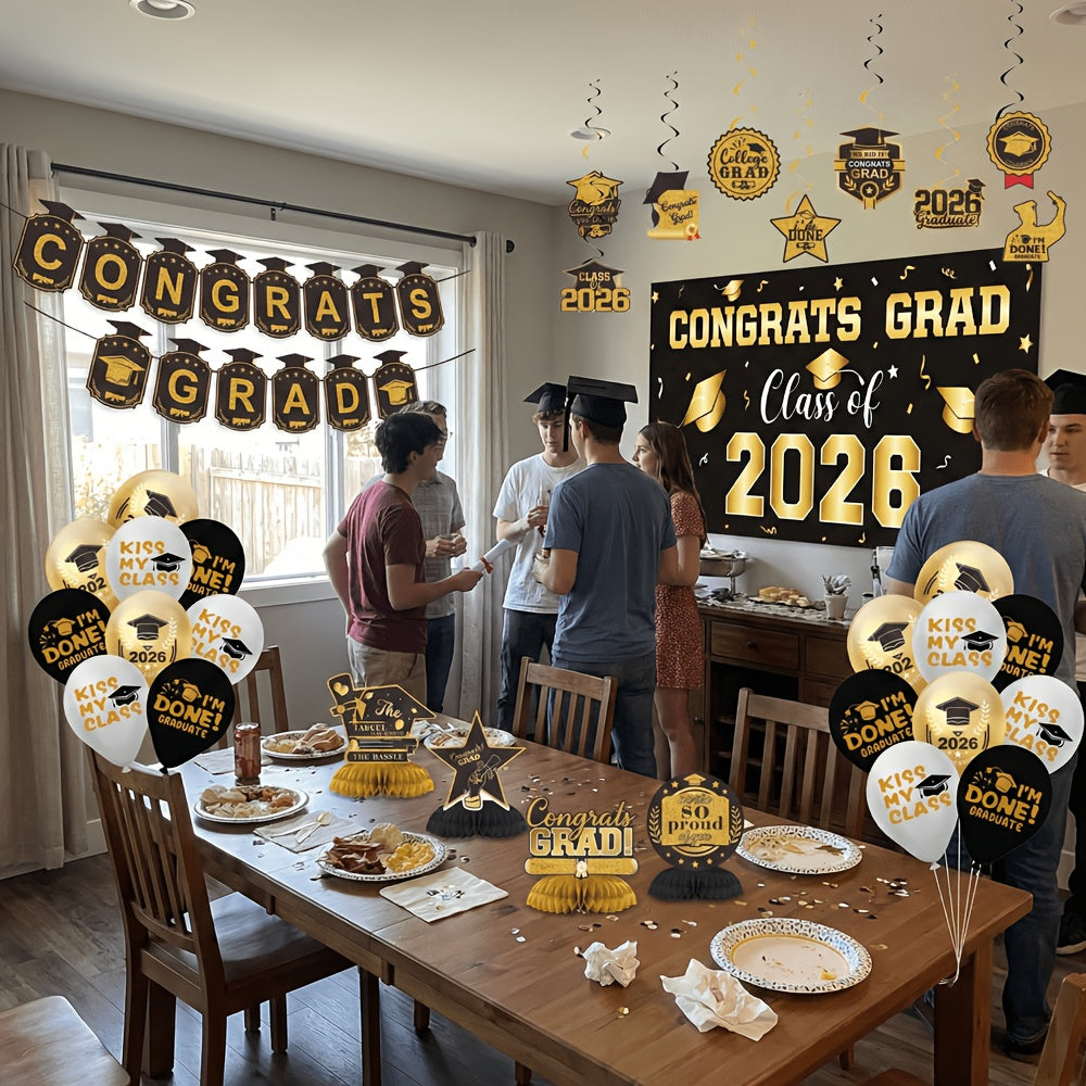 Graduation Decorations Class Of 2026, Golden Themed Graduation Decorations Set, Class Of 2026 Backdrop Banner, Graduation Hanging Swirl, Balloons And Honeycomb Supplies For Graduation Party