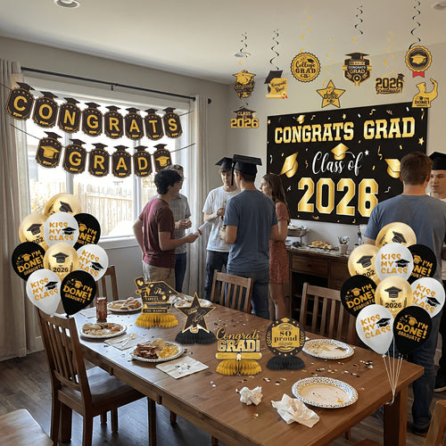 Graduation Decorations Class Of 2026, Golden Themed Graduation Decorations Set, Class Of 2026 Backdrop Banner, Graduation Hanging Swirl, Balloons And Honeycomb Supplies For Graduation Party