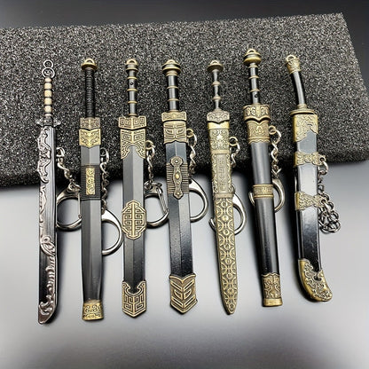 Miniature Metal Swords Set 7pcs Ancient-Inspired Collectible Pendant with Sheath – Military Theme Durable Metal Mini Sword Toy Gift for Anime Game Enthusiasts Ages 14+