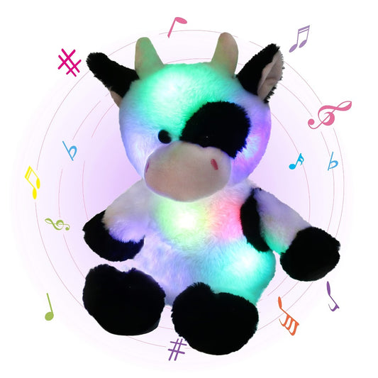 Illuminated Musical Cow Plush Toys (No Batteries Required), Adorable And Soft Cow Stuffed Animals Featuring Rhythmic Breathing And Music Lights. A Portable, Calming Highland Cow Plush with Light And Sound, Perfect for Halloween, Black Friday