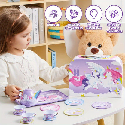 Unicorn Princess Tea Party Set For Little Girls: Purple Tin Teapot + Cups + Plates, Pretend Play Kitchen Toys For Kids, Perfect Easter/Birthday Gift For Kids Girls, Multi-Item Party Favor Packs For Children