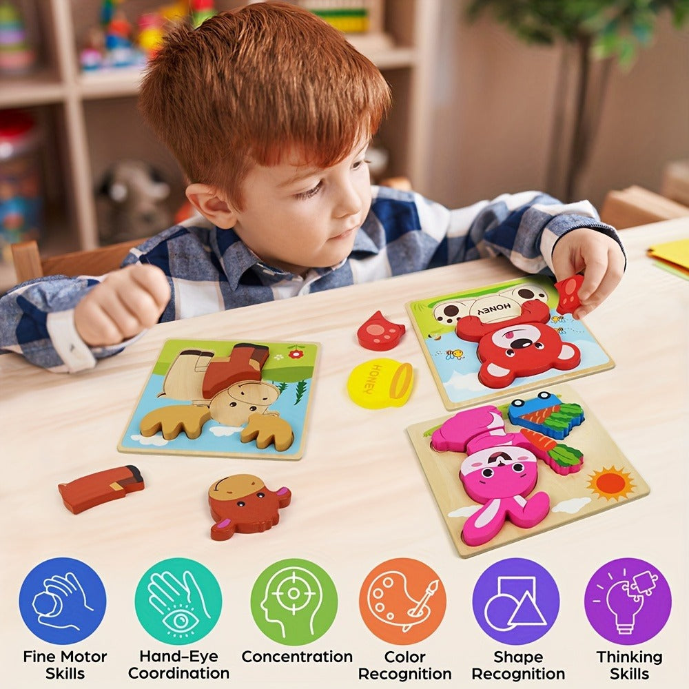 Baby Animal Wooden Puzzles for Toddlers 8 Pack – Infant Learning Toy 12 Months+, Bear Bunny Owl Frog Bee Duck Moose Raccoon, Fine Motor Skills Educational Gift for Boys Girls Christmas Birthday