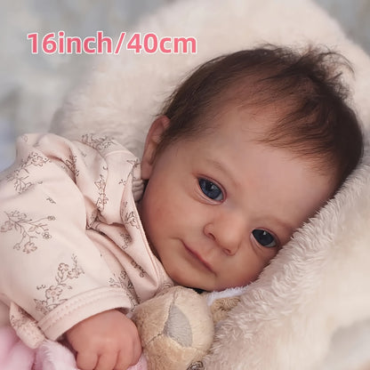 Pink Reborn Baby Doll 16 Inch Hand-Rooted Brown Hair Cloth Body Vinyl Limbs Hand-Painted Skin – Lifelike Newborn Girl Angie with Pacifier Feeding Container Birth Certificate, Gift for Kids Ages 3+