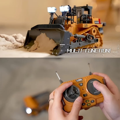 9-channel Remote Control Bulldozer, 2.4GHz RC Multifunctional Engineering Vehicle Toy, Preferred For Outdoor And Indoor Interactive Play With Alloy Metal Cover, Lightweight, Halloween, Thanksgiving, Christmas, Birthday, New Year Gifts