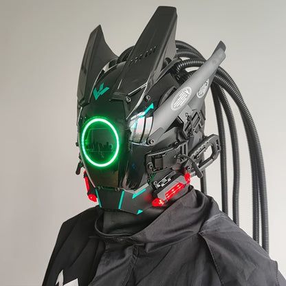 LED Punk Mask with Tubular Braids & Helmet – Futuristic Sci-Fi Mechanical Cosplay Mask for Halloween, Rave Music Festival & Party, Blue Green Pink, Handmade TPU PC Unisex Adult Costume Prop