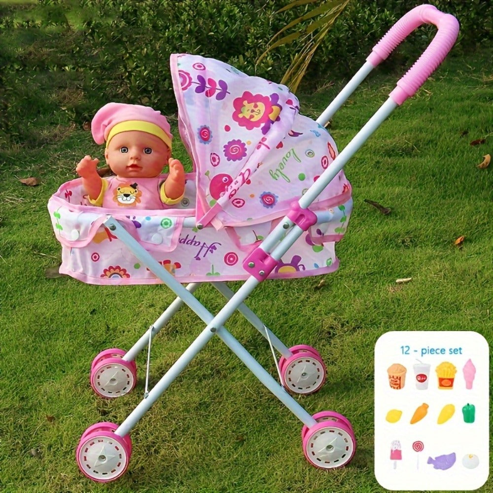Baby Doll Set with Stroller 12 Realistic 11 Inch Baby Dolls + Doll Accessories – Pink or Purple Doll Car Included, Ultimate Nurturing Play Gift for Girls Kids Ages 3+ Holiday Birthday Christmas