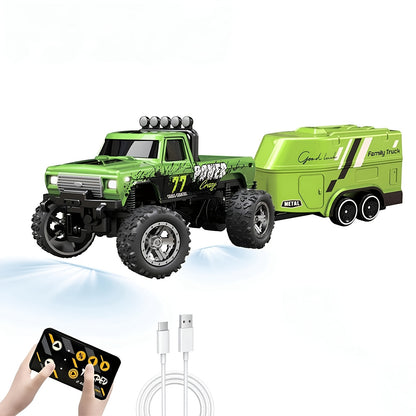 Small Die-Cast Remote-Controlled Vehicle, 1/64 Scale Mini RC Off-Road Truck with a Trailer, 2.4Ghz Climbing Vehicle, Rechargeable Die-Cast Mini RC Car with Lights, Adjustable Speed And Steering, Pocket-Sized Toy, Palm-Sized Toy
