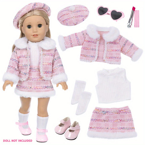 18Inch Baby Doll Knitted Clothes Outfits Include Hat Top Jacket Skirt Set 18inch America Doll Make Up Lipstick Toy Baby Doll Accessories Girl Playing House Games Gift, Birthday Gift, Play Favor, Christmas Present, Baby Doll & Reborn Doll Accessories