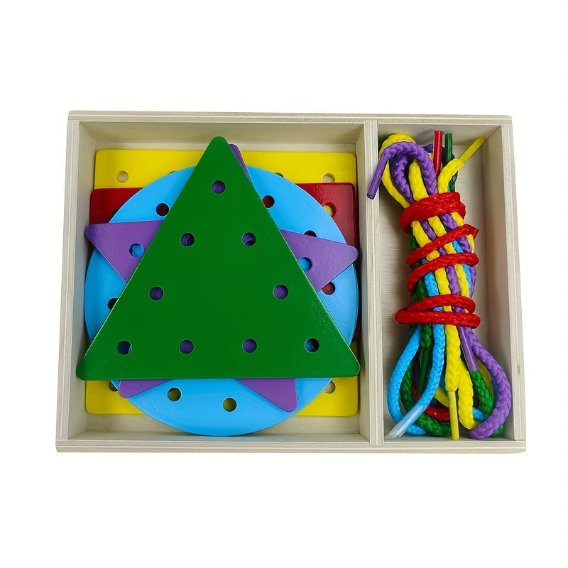 5-Pc Lacing Cards Wooden Lacing Shapes in a Box Wooden Threading Toys Fine Motor Skill Activity Toys Double-Sided Shape Panels