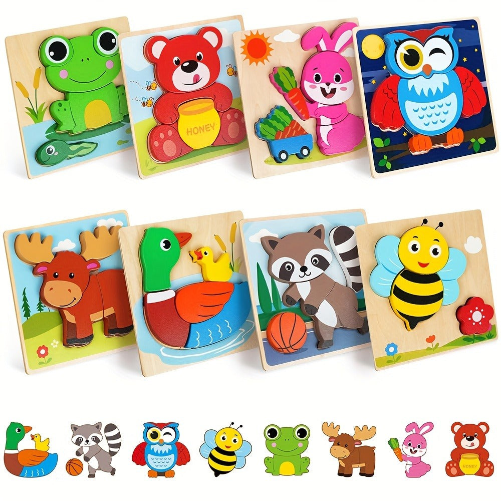 Baby Animal Wooden Puzzles for Toddlers 8 Pack – Infant Learning Toy 12 Months+, Bear Bunny Owl Frog Bee Duck Moose Raccoon, Fine Motor Skills Educational Gift for Boys Girls Christmas Birthday