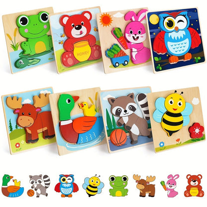 Baby Animal Wooden Puzzles for Toddlers 8 Pack – Infant Learning Toy 12 Months+, Bear Bunny Owl Frog Bee Duck Moose Raccoon, Fine Motor Skills Educational Gift for Boys Girls Christmas Birthday