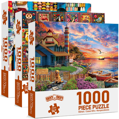 3 Pack 1000 Pieces Jigsaw Puzzles for Adults, Gift for Christmas Birthdays, DIY Brain Teaser Gift for Adults & Family Interactive Fun