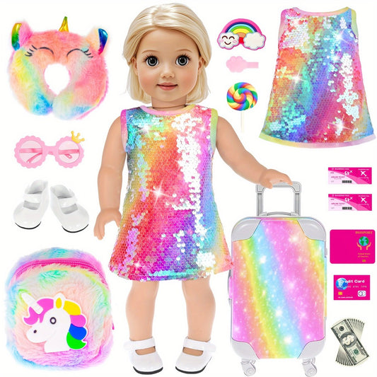 Luggage Travel 24pcs 18 inch Girl Doll Clothes and Accessories School Play Set Include Suitcase Pillow Handbag Dress Glasses Shoes (No Doll)